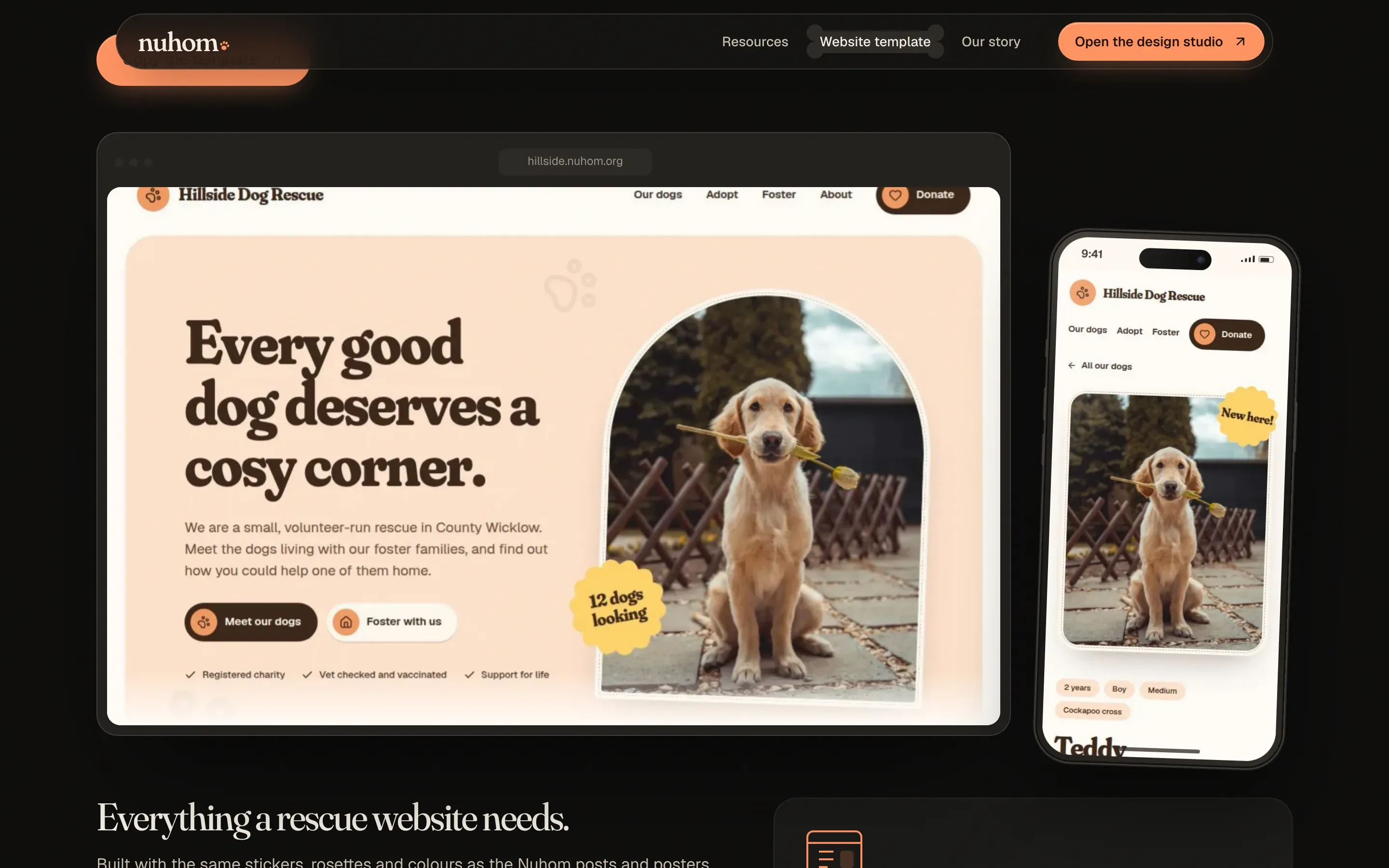 The nuhom website template shown in browser and phone mockups.