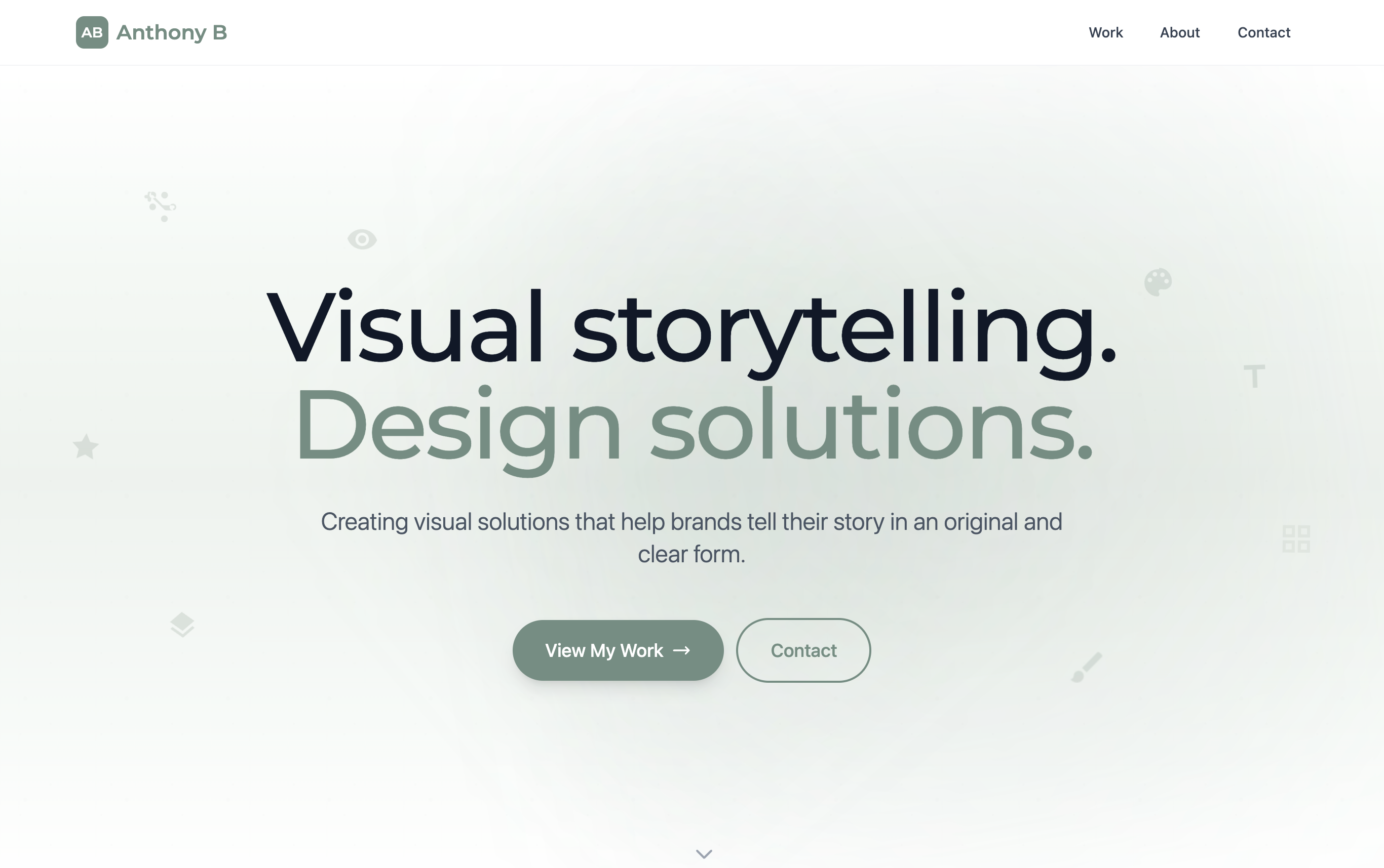 Anthony Brady portfolio desktop view showing clean hero section and navigation