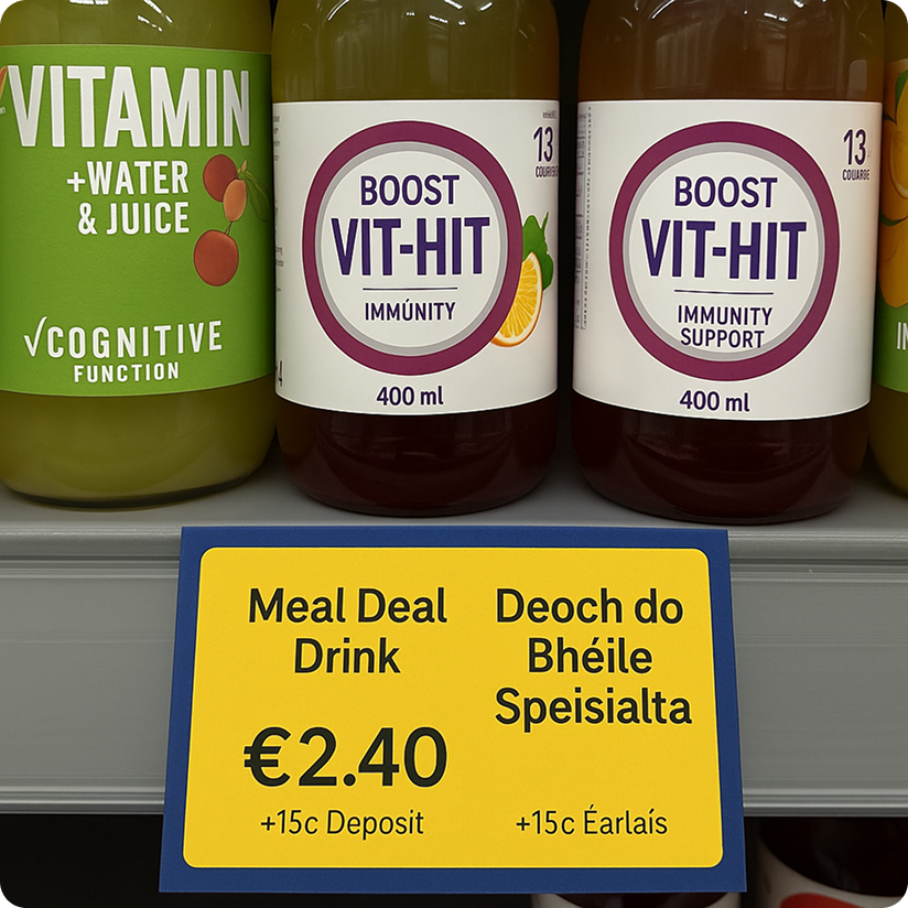 Dual language price tags with Irish translations and English translations.