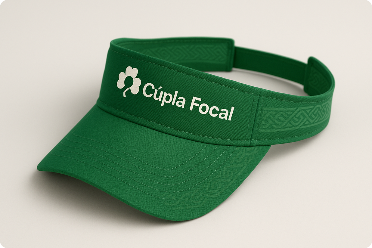 A staff hat indicating they speak Irish.